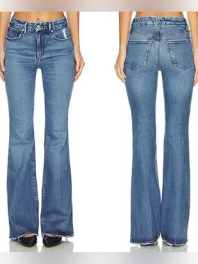 Good American Womens 12 / 31 Mid Rise Flare Blue Denim Jeans Raw Edge Indigo513